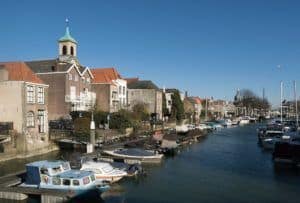 Dordrecht, view to the Wijnhaven from the Nieuwbrug (left churchtower Bonifatiuskerk)