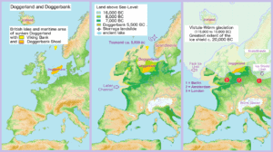 Land bridge between the mainland and Britain - Doggerland and Dogger Bank. Comparison of the geographical situation in 2000 to the late years of the Vistula-Würm Glaciation. Map made by: <a href=