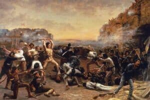 The Fall of the Alamo by Robert Jenkins Onderdonk depicts Davy Crockett swinging his rifle at Mexican troops who have breached the south gate of the mission.