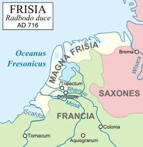 Kaart van Magna Frisia in het Latijn met de hoofdstad Dorestad (Richard Prins, Wikimedia Commons)