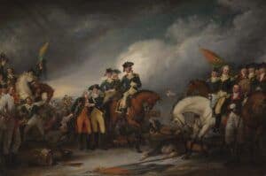 The Capture of the Hessians at Trenton, December 26, 1776, by John Trumbull, showing Captain William Washington, with a wounded hand, on the right and Lt. Monroe, severely wounded and helped by Dr. John Riker, left of center, behind the mortally wounded Hessian Colonel Johann Gottlieb Rall. Rall is being helped by American Major William Stephens SmithT.