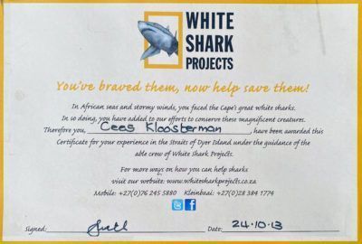 White Shark Projects, Cage Dive certificate Cees