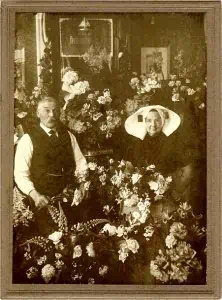 My great-grandfather Jan Kloosterman and his wife Jannetje Slabbekoorn at their 50e wedding anniversary 31-05-1938. My great-grandmother is still wearing the traditional Zuid-Beveland costume, with its large, stiffly starched hat and the large gold square 